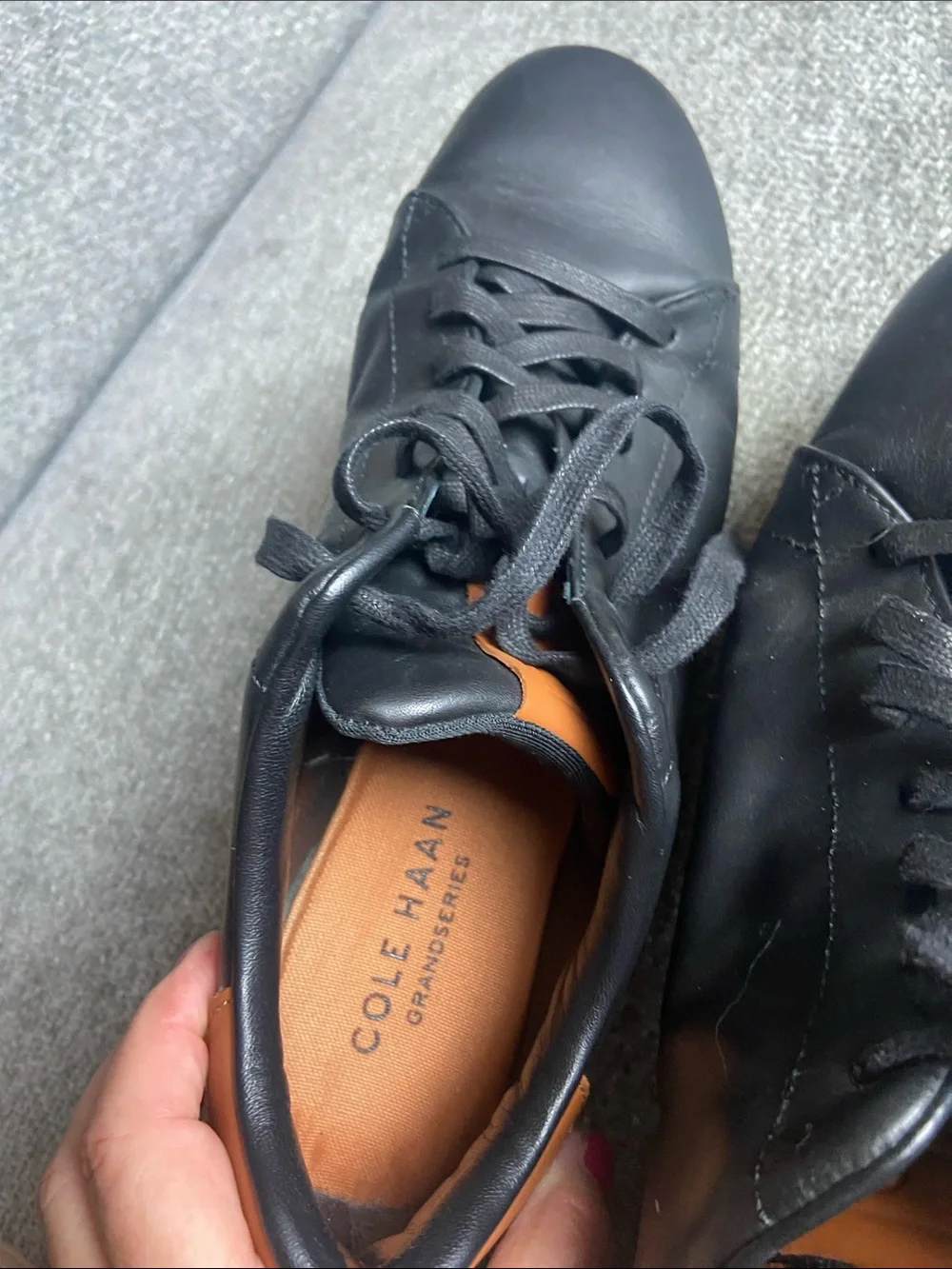 Cole Haan Black Leather Lace-Up Sneakers with Tan Heel Accent size 11.5 M